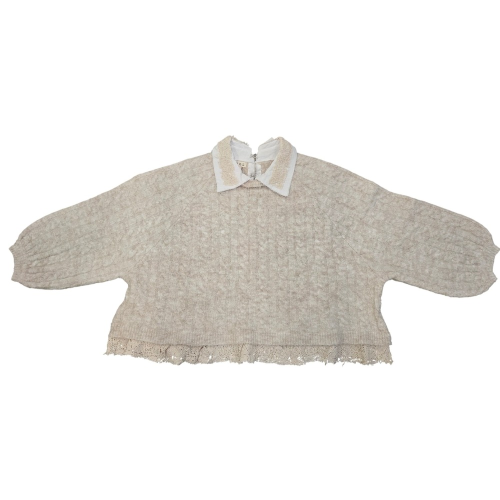 NWOT POL Beige Cable Knit Lace Collar Puff Sleeve Cropped Sweater Women's S